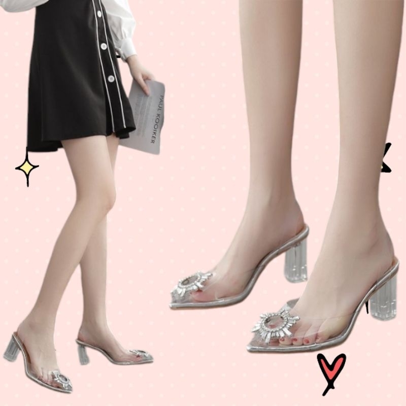 รุ่นอัพเกรด ส้นสูง 3 นิ้ว 35-42 รองเท้าส้นสูง รองเท้าส้นแก้ว  ส้นหนา แต่งผลึก แต่งคริสตอล 508 พร้อมส่ง