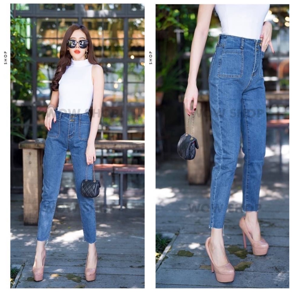 กางเกงยีนส์ผู้หญิง ทรงขาเดฟผ้ายืด ป้ายWOW สีเข้มเอวสูง แต่งกระดุม 2เม็ด กระเป๋าหน้าสุดเก๋