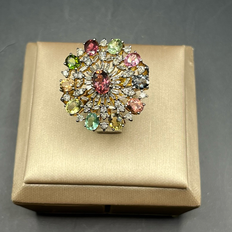 แหวนเพชรแท้ Silver 6.976 gm Diamond 1.37 ct Mixed tourmaline 4.3 ct