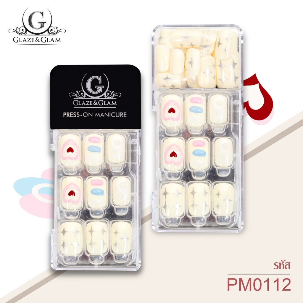 [ New ] GLAZE & GLAM เล็บปลอม เล็บเจลปลอม เล็บปลอมสำเร็จรูป เล็บปลอมพร้อมเทปกาวในตัว PRESS ON NAILS / PM0112 / 30 PCS