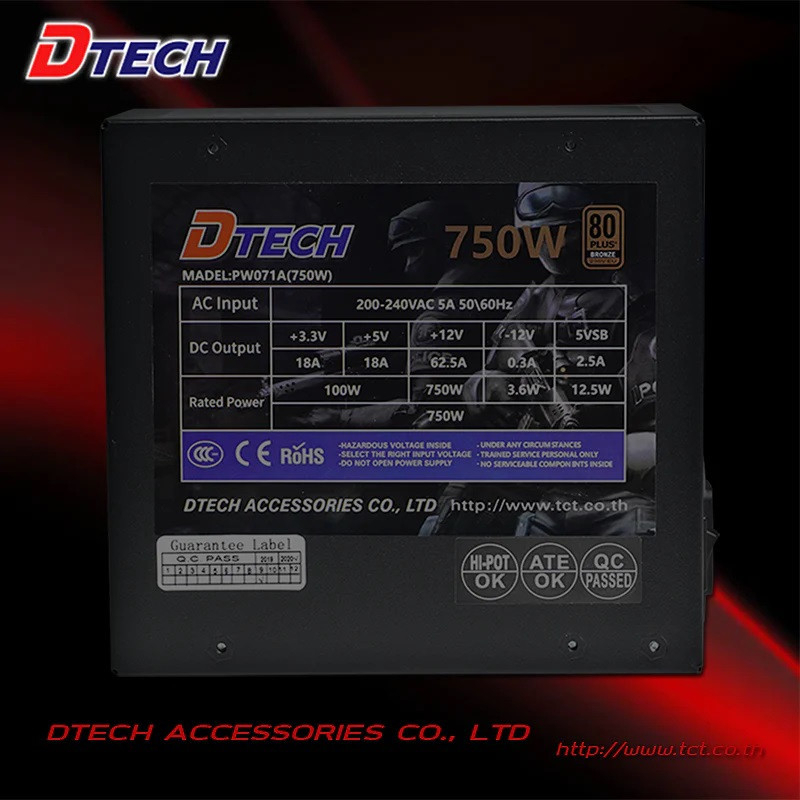 DTECH รุ่น Power Supply 750W (80 Plus Bronze) รุ่น PW071A ปรับความเย็นอัตโนมัติ ประกันศูนย์ 3ปี