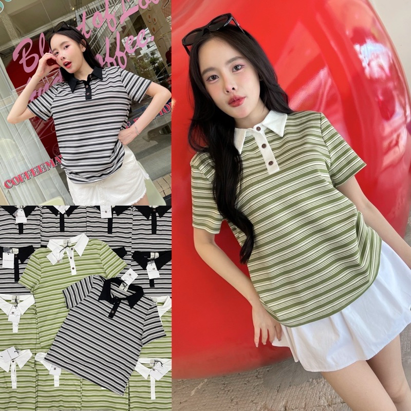 Stripe basic polo (350฿) สไตล์นี้มาแรงที่สุดในซีซั่นนี้เลยค่า เสื้อคอปกโปโล ผ้าทอลายริ้ว