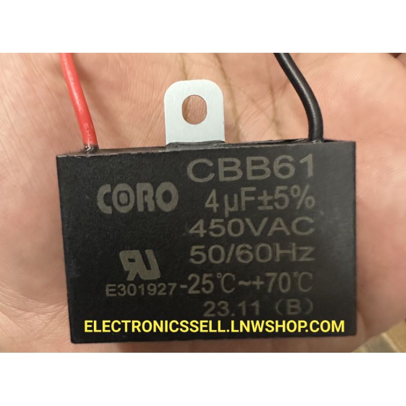 4UF450V คาปาซิเตอร์ 4UF 4MFD 450V AC CBB61 มีสาย ไฟ 4.0UF ยี่ห้อ CORO MKP CAPACITOR คอนเดนเซอร์ บาท CONDENSER ขาย ราคา