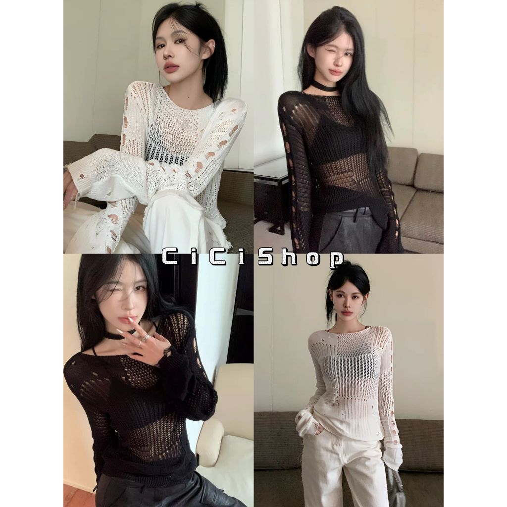 Cicishop (ZT6011) เสื้อไหมพรม ผ้าถักซีทรูแขนยาว ลายสลับ สไตล์พสจีน ใส่ถ่ายรูปเก๋