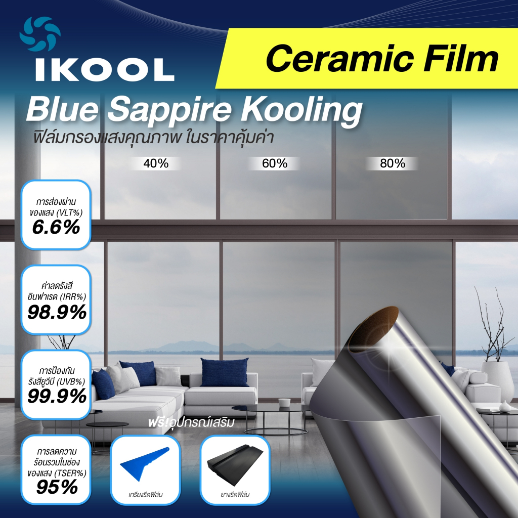 [เลือกขนาด ความเข้มได้] IKOOL ฟิล์มเซรามิค Nano Ceramic รุ่นBlue Sapphire Kooling ดำแกมฟ้า ฟิล์มบ้าน