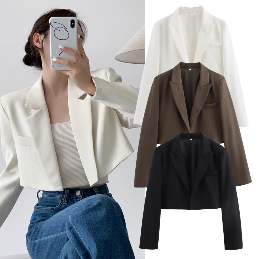 พร้อมส่ง 3สี เสื้อคลุมทรงสูท ทรงครอป *ไม่มีกระดุมหน้า* (T319)