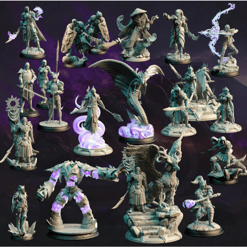 DnD Miniature I ชุดพันธมิตรแห่งเอลฟ์และมนุษย์ I โมเดลสำหรับเล่นบอร์ดเกม (งานเรซิ่นสีเทา ยังไม่ลงสี) ขนาดฐาน 1-2 นิ้ว