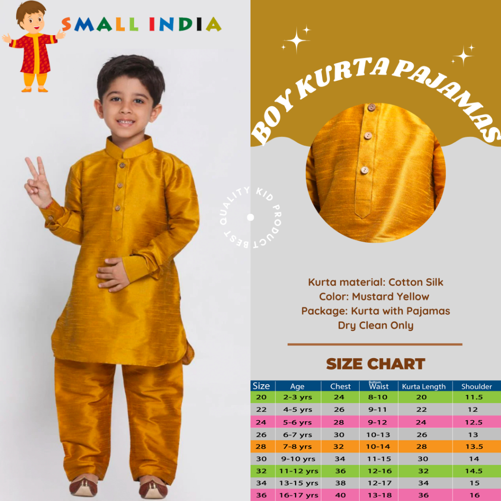 {**ส่งฟรี**} SMALL INDIA 🏏🌟 Kids Boy Mustard Yellow Cotton Silk Kurta Pajamas 🏏🌟 Boy Kurta Pajamas
