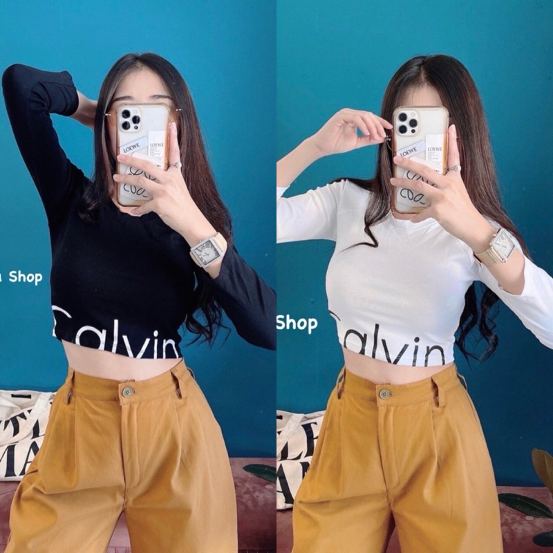 เสื้อครอปแขนยาวCalvin ผ้าเรยอนยืดกระชับตามตัว