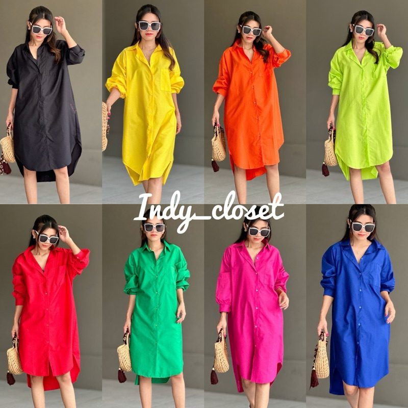 Cotton dress ชุดเดรสผ้าคอตตอน เดรสเชิ้ตยาว คอปก สีพื้นสดใส