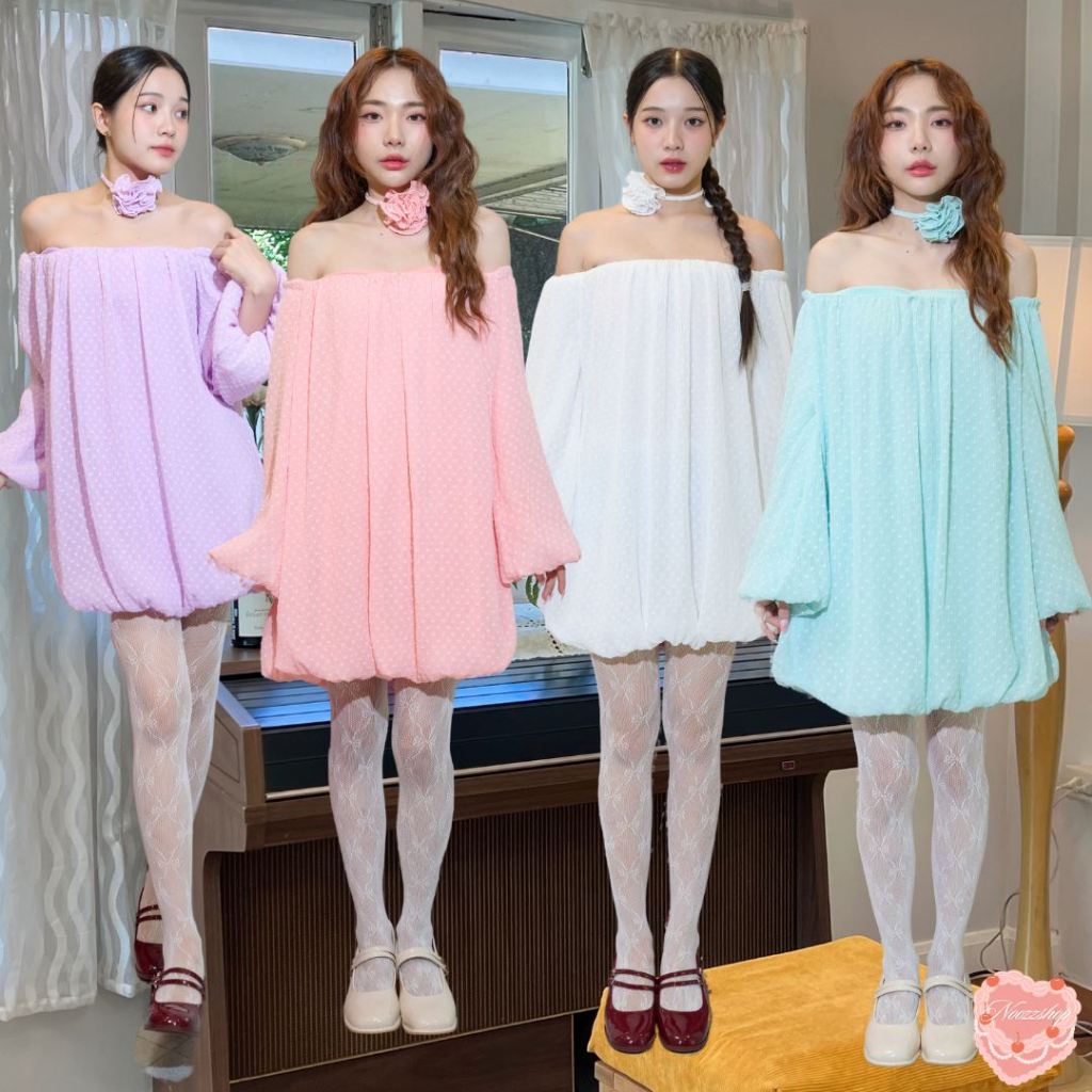 NOOZZSHOP 5911301 มินิเดรส ปาดไหล่ มีโชคเกอร์ให้ ฟรีไซส์ ผ้าพลีท เดรสเที่ยวคาเฟ่