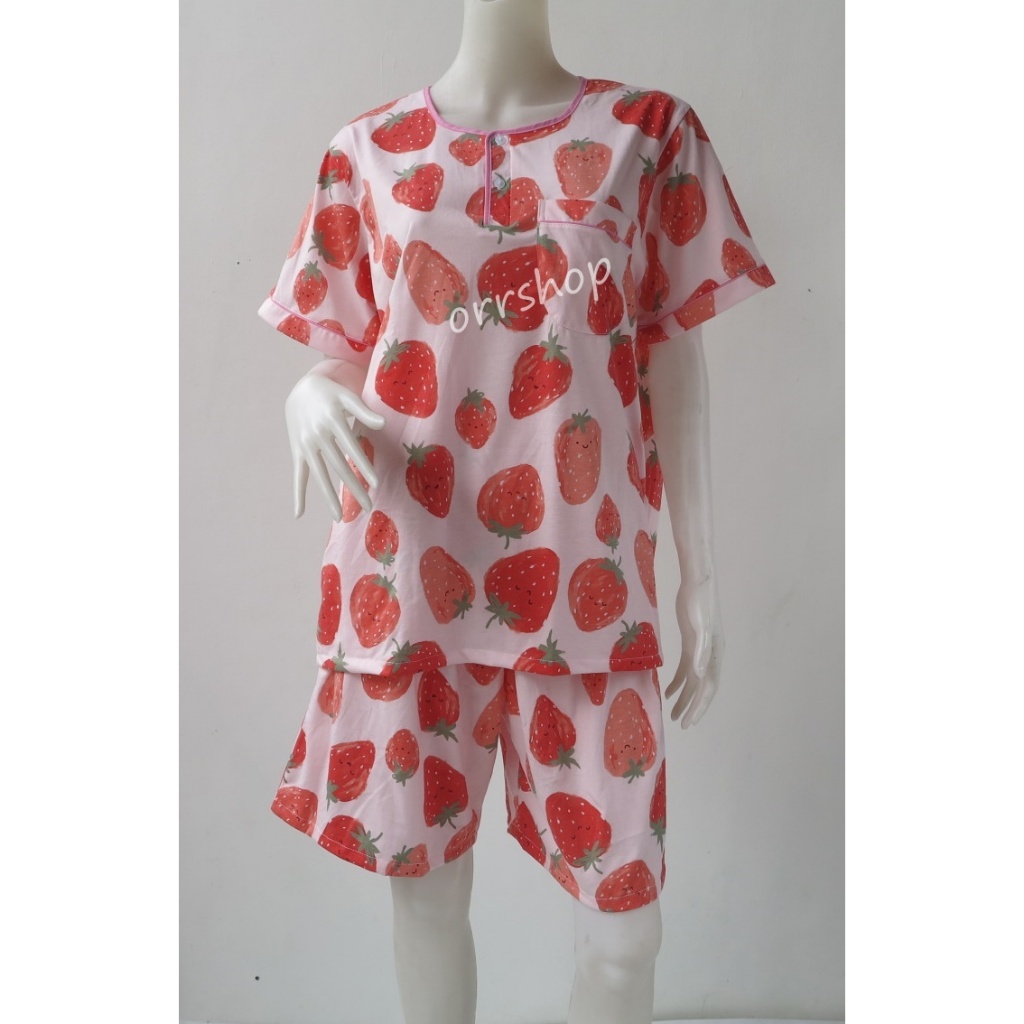 ชุดนอนผู้ใหญ่ ไซส์ฟรีไซส์ F แขนสั้น ขาสั้น ผ้ายืด (แบบคอกลม กระดุม 2 เม็ด)