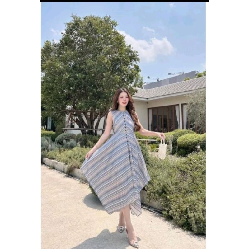 017💘มีM,L,3xl[ปกติ]เดรสสั้นลายริ้วผ้าฝ้ายลินิน