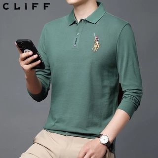CLIFF -COD✅เสื้อโปโลผู้ชาย ลำลอง แบบหลวม เย็บปักถักร้อย เรียบง่าย เข้ารูป คอปกแขนยาว