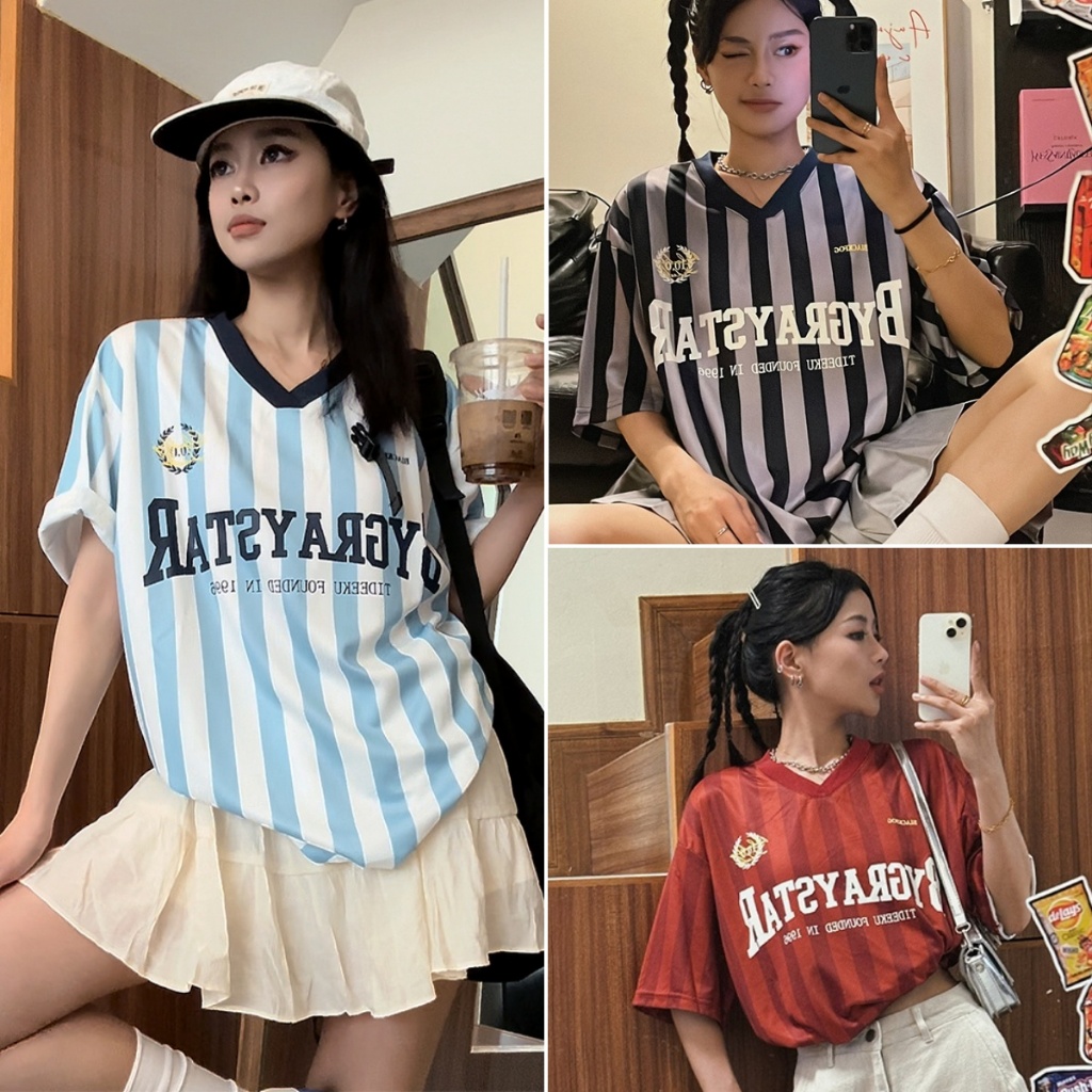 cherryshop🍒พร้อมส่ง เสื้อยืดลายทางผู้หญิง เสื้อยืดกีฬา cintage คอวีทางลายย้อนยุค สไตล์อเมริกัน