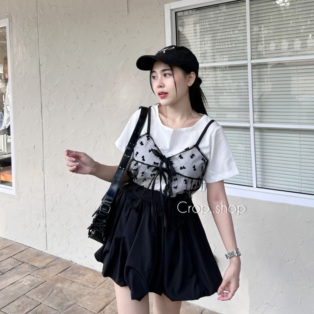 crop..shop เสื้อครอปเเต่งสายเดี่ยวซีทรู งานลมุนมากเข้ากันสุด ใส่ง่ายผ้าดี งานราคาปังมาก สวยสดใสเวอร์