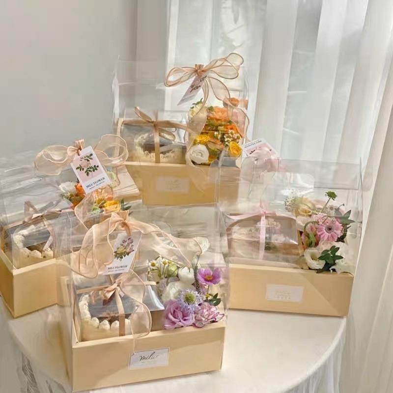 รุ่นใหม่ กล่องบรรจุภัณฑ์ DIY กล่องใสใส่ขนมเค้ก ดอกไม้ มีหูหิ้ว กล่องของขวัญแบบใหม่