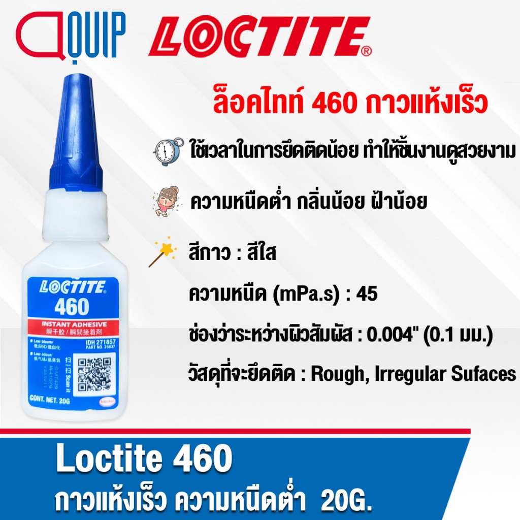 LOCTITE 460 Instant Adhesives กาวแห้งเร็ว ความหนืดต่ำ กลิ่นน้อย ฝ้าน้อย ใช้เวลาในการยึดติดน้อย 20G.