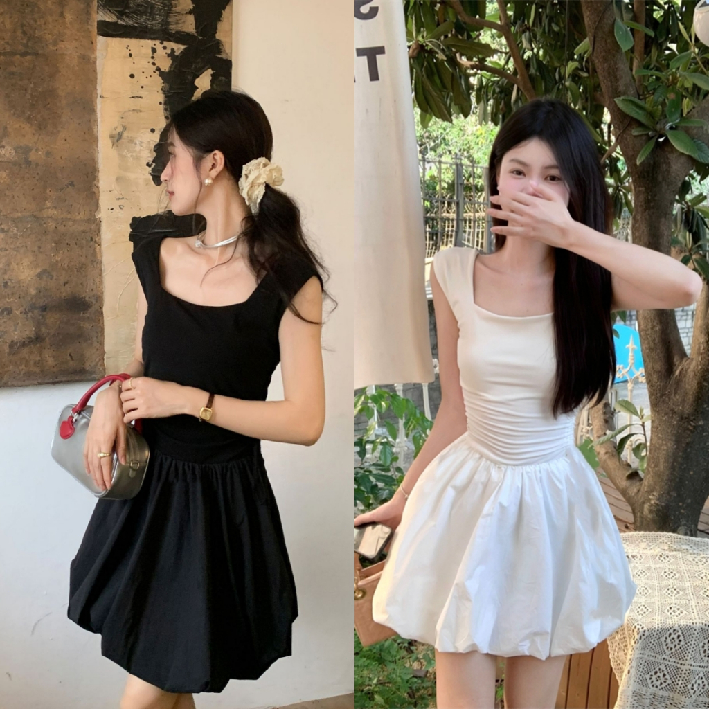 Beryl ชุดเดรสคอเหลี่ยมพองๆ สไตล์บัลเล่ต์ กระโปรงเอวยางยืด สไตล์สาวหวาน สไตล์ฤดูร้อนใหม่