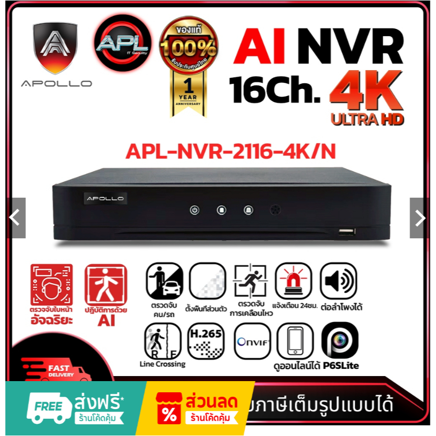Apollo รุ่น APL-NVR-2116-4K/Nเครื่องบันทึกกล้องวงจรปิด CCTV NVR 16Ch. มี AI ตรวดจับใบหน้า ตรวจจับคน-รถ รองรับกล้อง 5MP