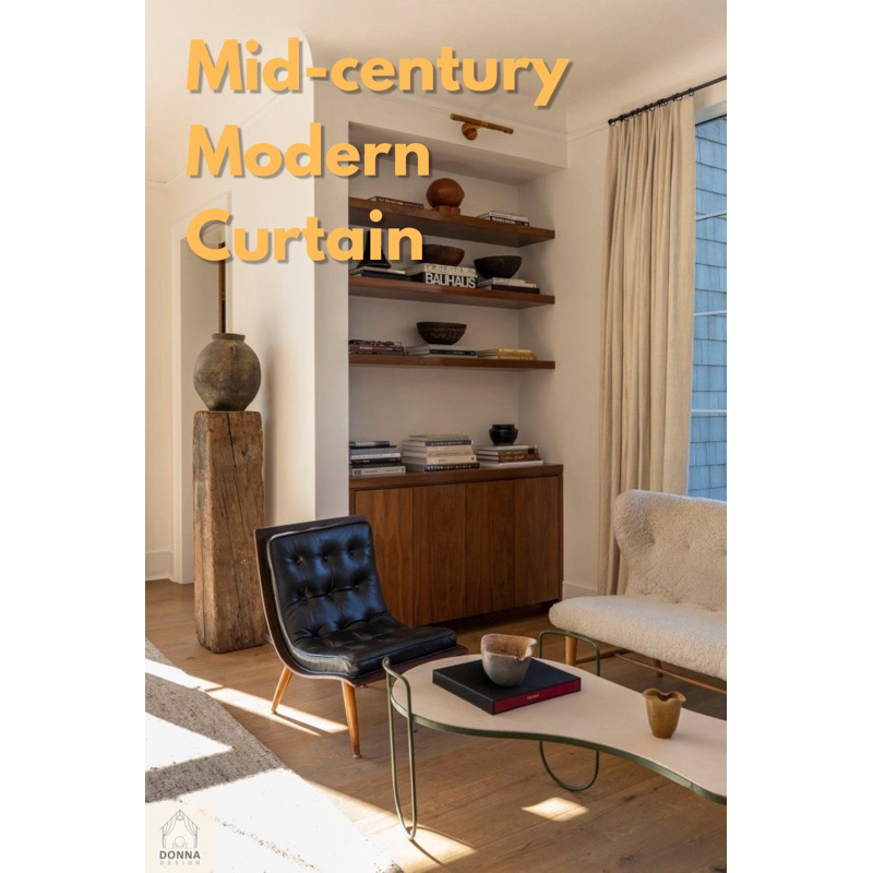 ผ้าม่านกันแสง สไตล์ mid-century modern ม่านลอนตะขอ ถ่วงโซ่ แถมสายรวบ