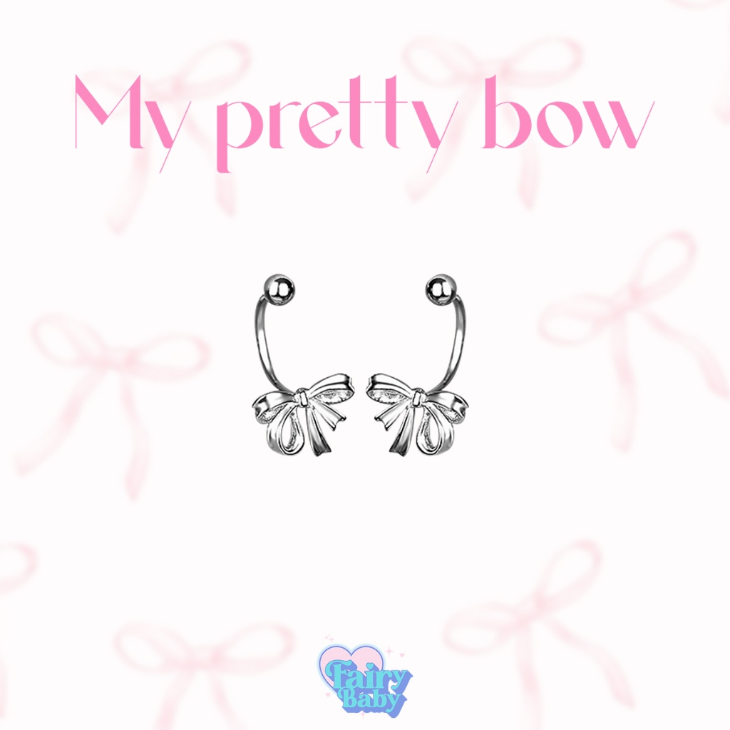 Fairybaby จิว My pretty bow จิวคู่ จิวต่างหู จิวหู คู่ รูปโบว์ สีเงิน จิวทรงโค้ง แบบคู่ เครื่องประดับหู น่ารัก (J2-172)