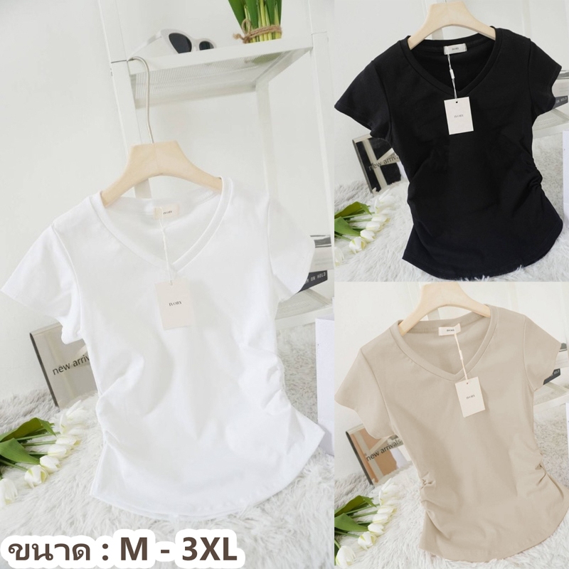 【กรุงเทพจัดส่งสินค้า】คอวี เสื้อยืดครอป แขนสั้น เวอร์ชั่นเกาหลีของกระแสน้ำแน่นเข้ารูปพอดีสั้นเอวสูงบางผู้หญิงด้านบน M-3XL