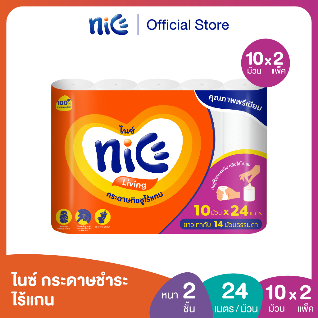 (2แพค 20ม้วน) Nice ไนซ์ คอร์เลส กระดาษชำระ หนา 2 ชั้น 10 ม้วน​ (ทิชชู่ กระดาษทิชชู่) X 2
