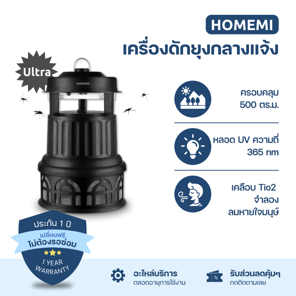 Homemi เครื่องดักยุงและแมลง รุ่น Ultra สำหรับกลางแจ้งครอบคลุมพื้นที่ขนาดใหญ่ 500 ตร.ม. - (HM0032-P-BL)