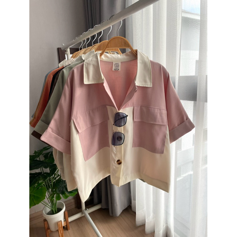 [อก 48] เสื้อเชิ๊ตแขนพับทูโทนผ้านุ่ม (AB9)