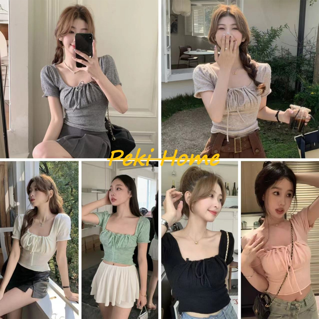 เสื้อยืดแขนสั้นคอเหลี่ยมสไตล์เซ็กซี่ รุ่นใหม่
