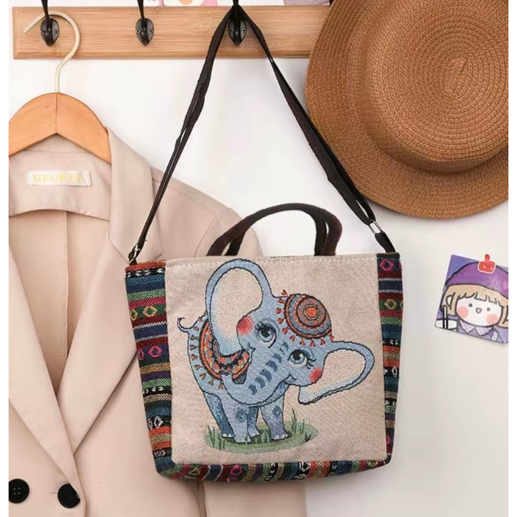 [MZ2922] กระเป๋าสะพายผ้าทอ ถือได้สไตล์โบฮีเมียน ลายช้างสุดฮิต มีราคาขายส่ง พร้อมส่งจากไทย