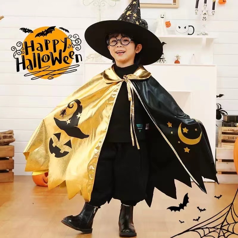 🎃พร้อมส่ง👻ชุดฮาโลวีน ผ้าคลุมฮาโลวีน ชุดแม่มดเด็ก หมวกพร้อมผ้าคลุม 2ด้าน ผ้าคลุมใส่ได้ทั้ง คอสเพลย์