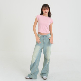 กางเกงยีนส์เอวสูง Basic jeans -fade blue