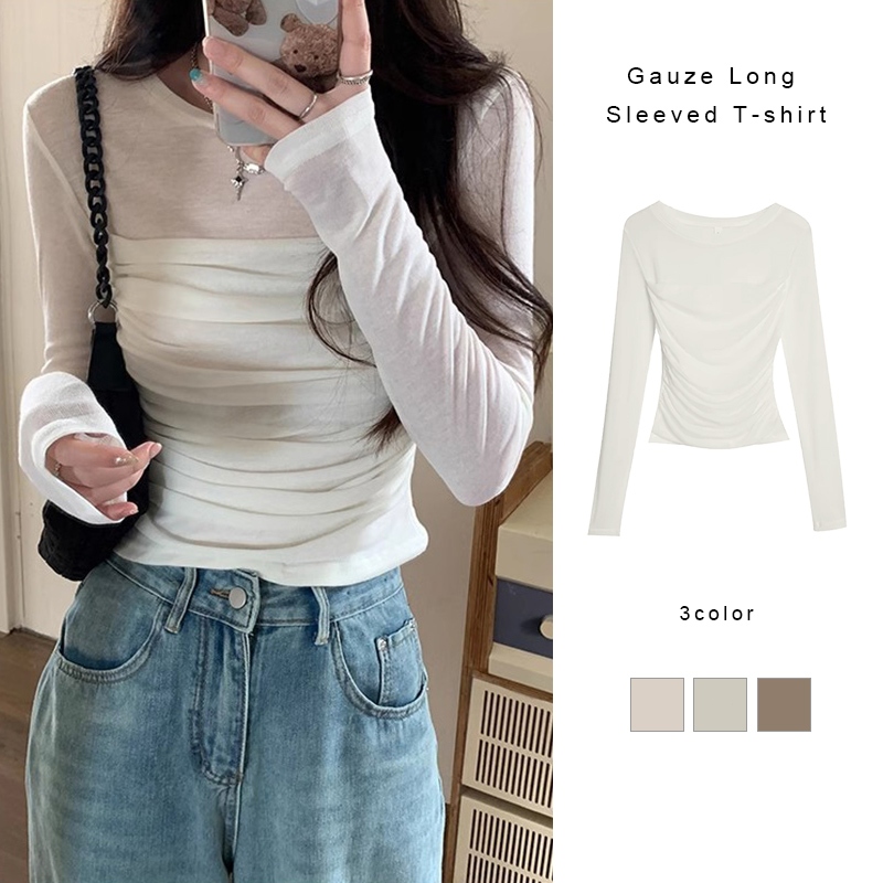 เสื้อยืดแขนยาวผ้ากอซผู้หญิงจีบทรงสลิมฟิตเสื้อบอททอมออกแบบความรู้สึกสั้นด้านบน BB
