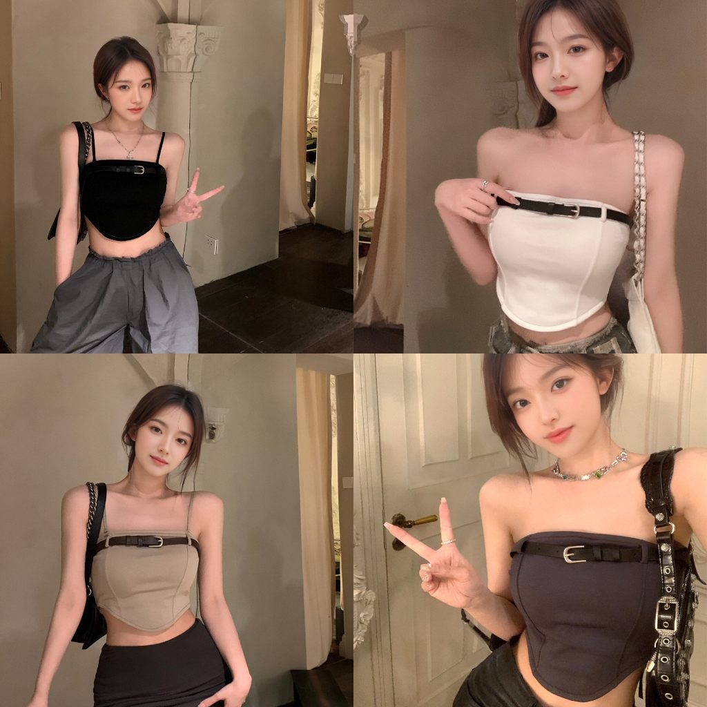เสื้อเกาะอกสไตล์วินเทจสีพื้นในแบบเกาหลีเรียบง่าย แต่งด้วยสายคาดเข็มขัดและตัวหนังสือวินเทจ สำหรับการถ่ายรูปที่ดูเท่