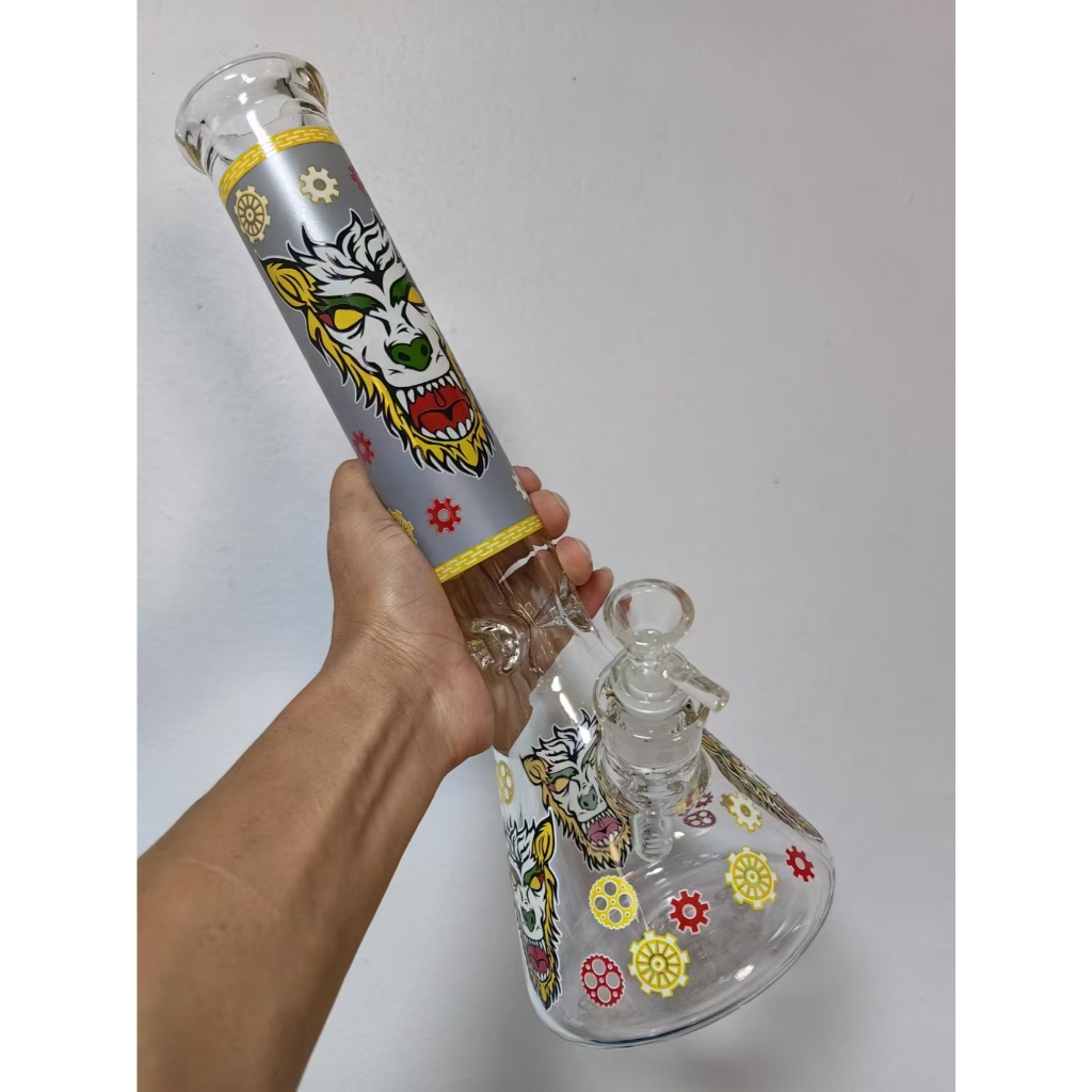 บ้องแก้วใหญ่ 35CM หลอดแก้ว 14CM หนา 7MM สกรีนสวย พร้อมส่งจากไทย อุปกรณ์ครบชุด (บ้อง+หลอด+คัพ)