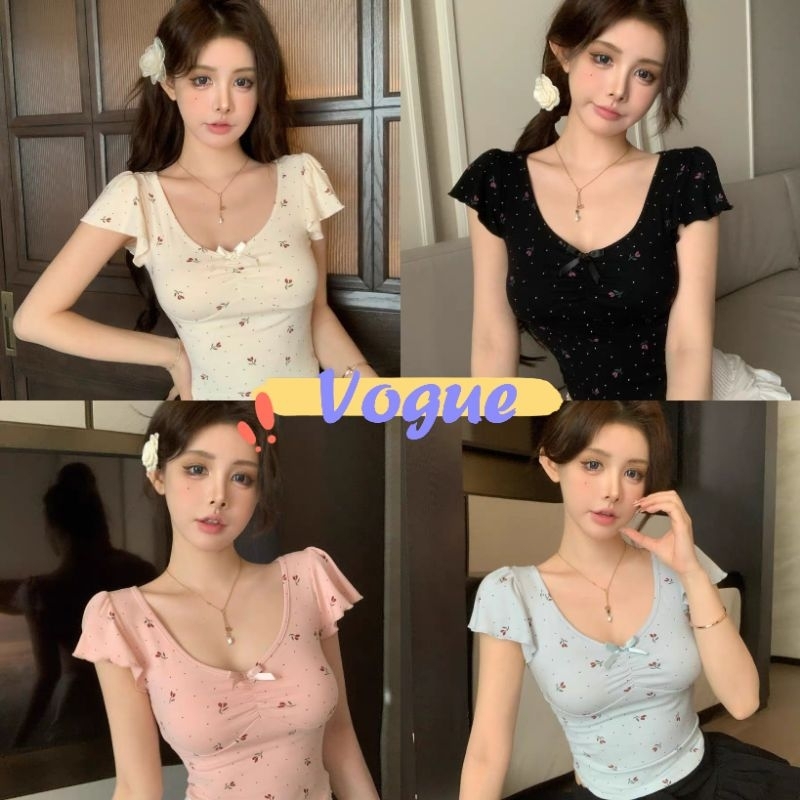 Vogue พร้อมส่ง แขนสั้นพิมพ์ลายคอยู แขนสั้นแน่น ดีมาก (FY5042)