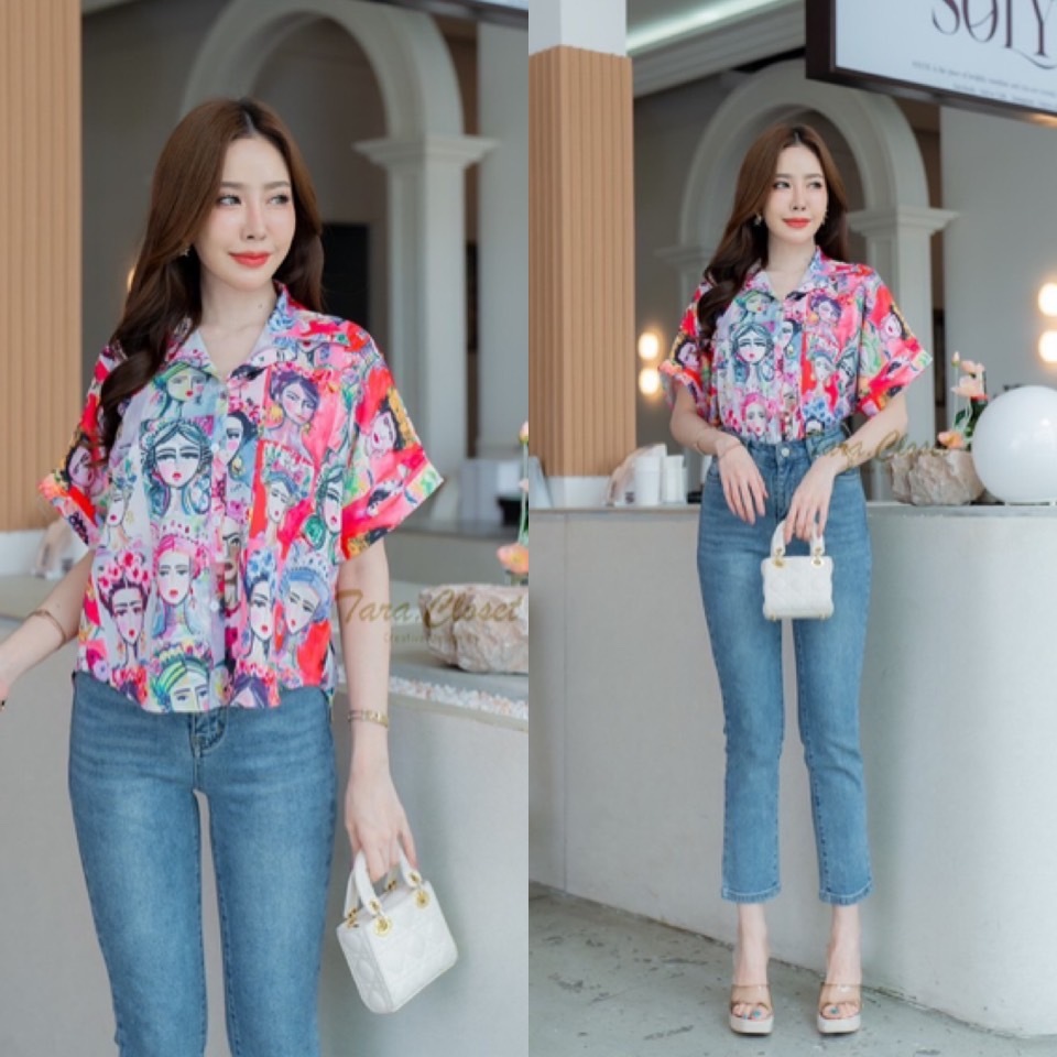 VA077 TARA Shirt เสื้อเชิ้ตคอปก แขนสั้น กระดุมหน้า เนื้อผ้าไหมอิตาลี พิมพ์ลายกราฟฟิก ผ้าดี ใส่สบาย ไม่ร้อน
