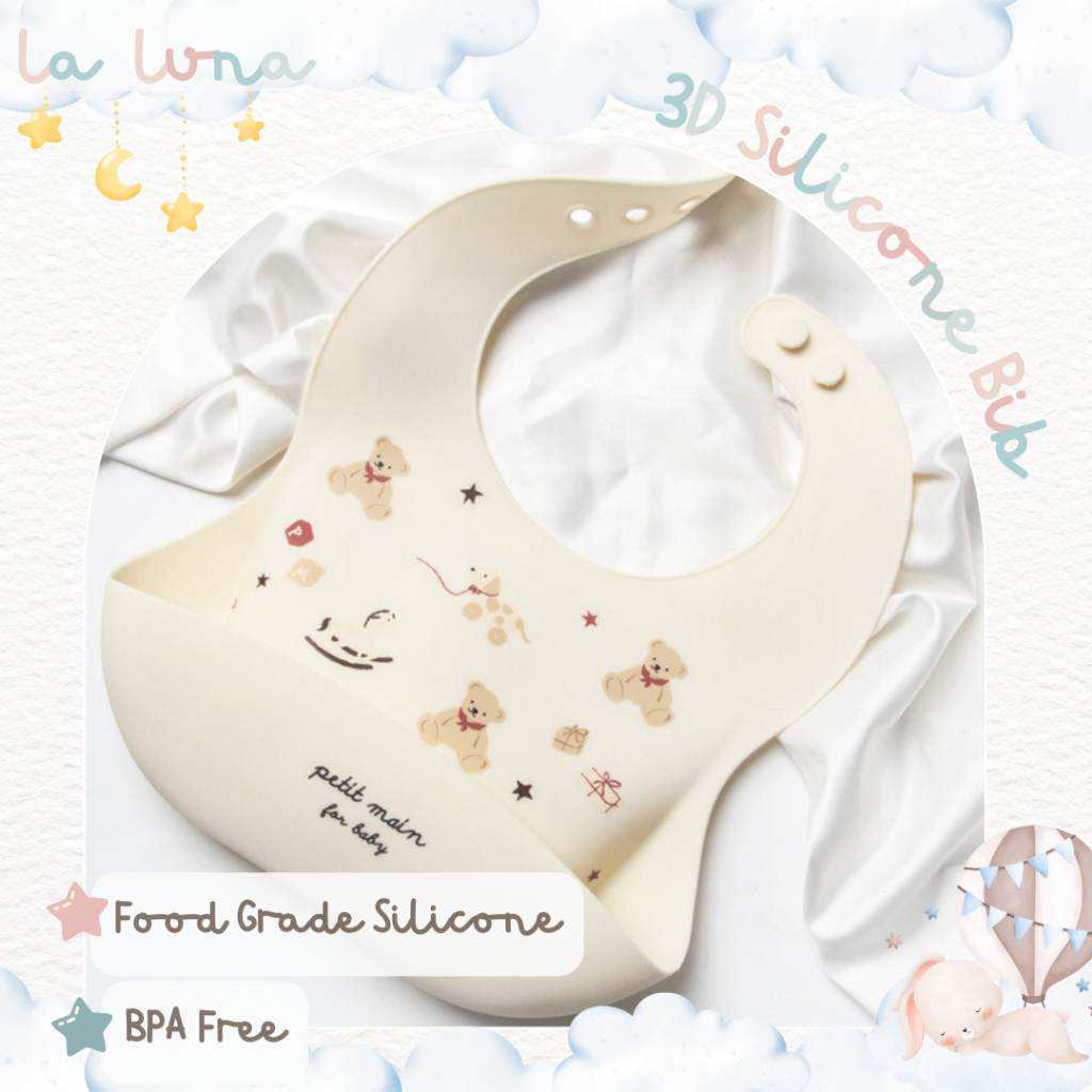 La Luna ผ้ากันเปื้อนเด็ก ผ้ากันเปื้อนซิลิโคน Food grade มีกระเป๋าหน้า ปรับได้ 6 ระดับ (Silicone Bib)