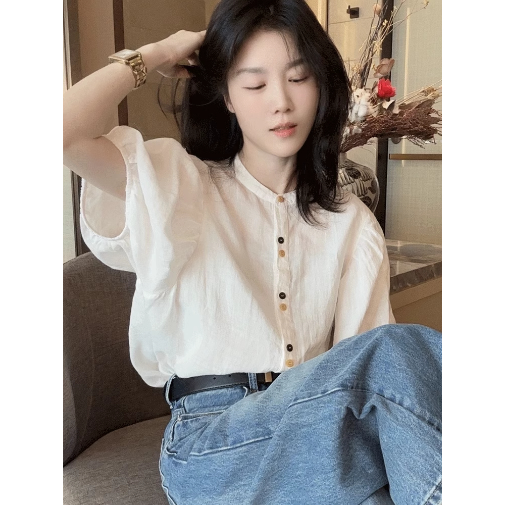 MUB5066 Shirt เสื้อเชิ้ตสไตล์เกาหลี แต่งกระดุมหน้า แขนพอง แขนสั้น ฟรีไซส์ อก 46 ใส่สบายๆ ผ้าไม่ร้อน