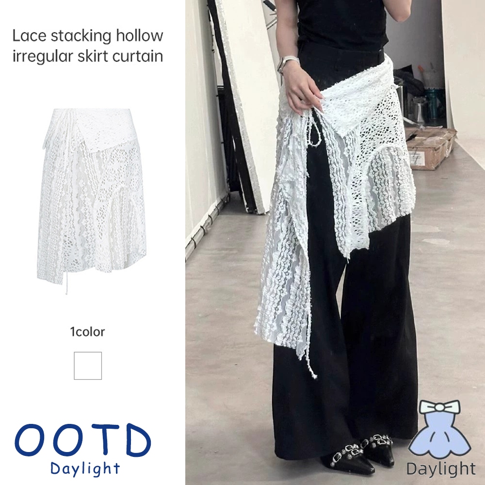 Lace-up Hollow-OUT ผ้ากันเปื้อนลูกไม้ผู้หญิง Layered Gauze กระโปรงผ้าม่านสีขาว Jacquard กระโปรง DL