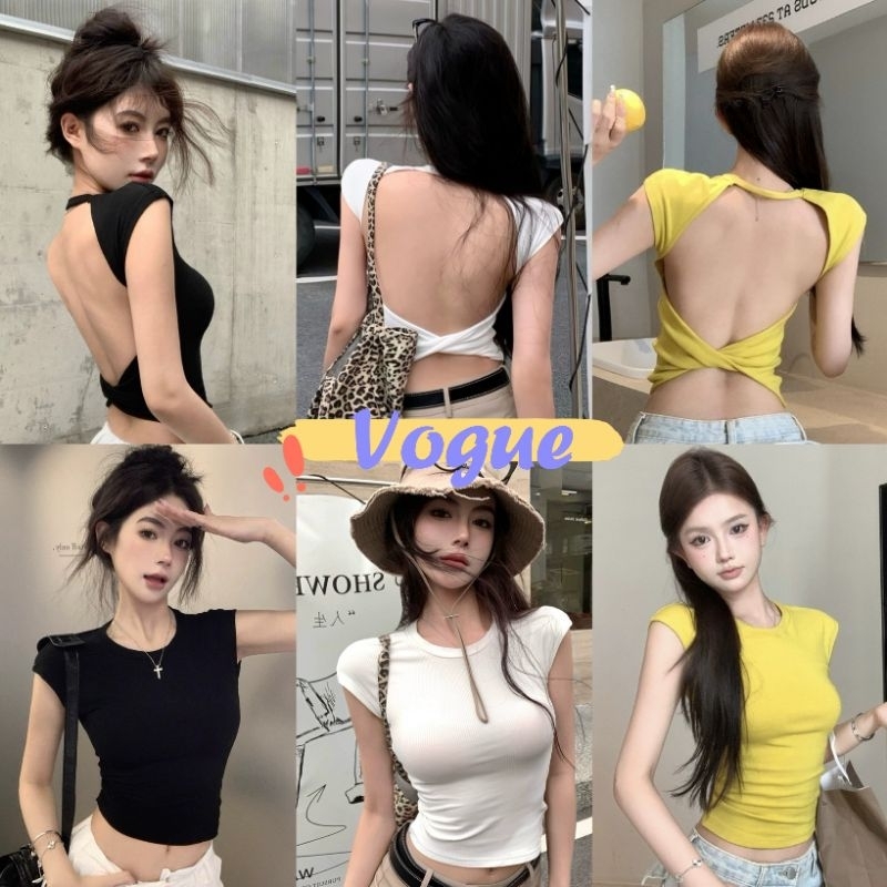 Vogue พร้อมส่ง เสื้อครอปไหมพรมแขนสั้น เว้าหลัง มีฟองน้ำ ยืดตามตัว (FY5037)