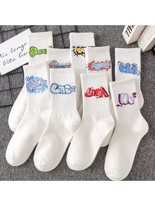 ID888 ถุงเท้าสตรีท ข้อยาว ลายกราฟฟิตี้ ผ้าCOTTON ผ้ายืด สไตล์เกาหลี สําหรับผู้ชายและผู้หญิง