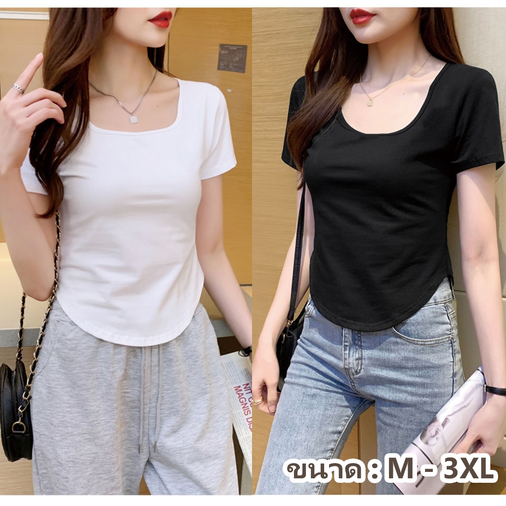 🍒 คอ U เสื้อยืดครอป แขนสั้น เวอร์ชั่นเกาหลีของกระแสน้ำแน่นเข้ารูปพอดีสั้นเอวสูงบางผู้หญิงด้านบน สาวอ