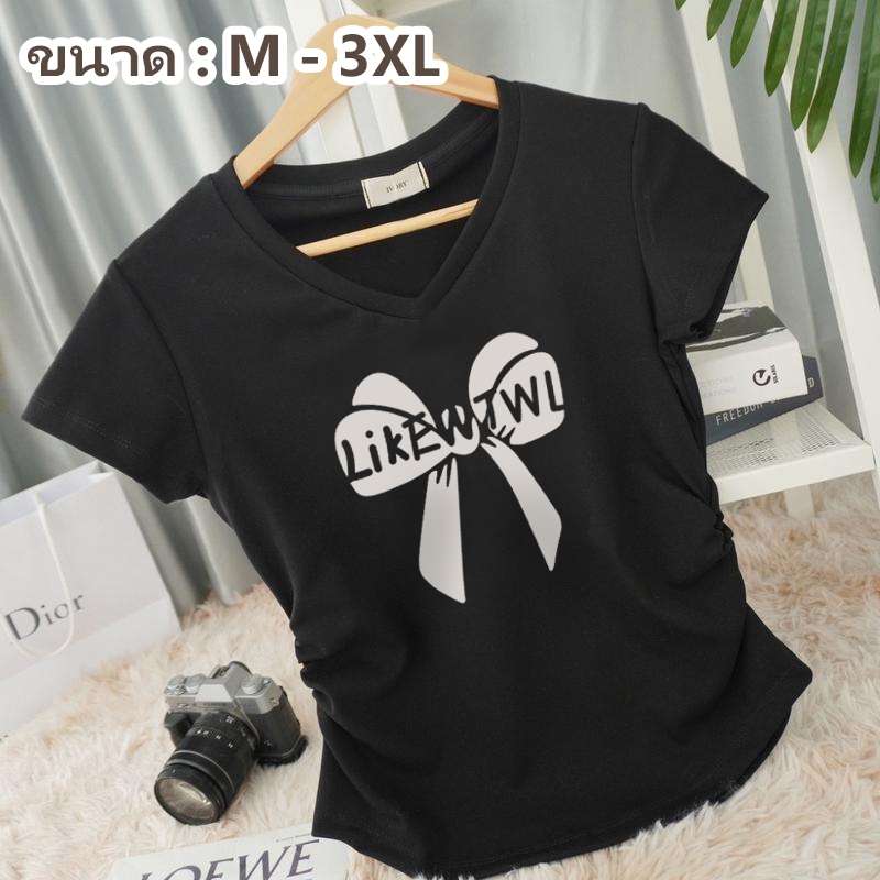 คอวี เสื้อยืดครอป แขนสั้น เวอร์ชั่นเกาหลีของกระแสน้ำแน่นเข้ารูปพอดีสั้นเอวสูงบางผู้หญิงด้านบน M-3XL