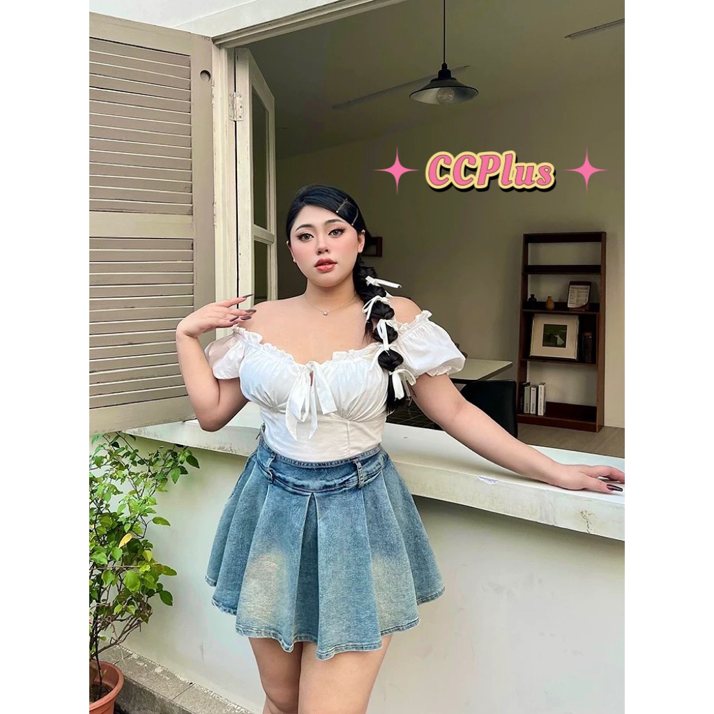 cici plus+ (3317) เสื้อครอปแต่งเชือกด้านหน้ามีซิปข้าง สม็อครอบไหล่ ใส่ได้ทั้งปาดไหล่และเกาะไหล่ สไตล์สาวหวานพลัสไซส์