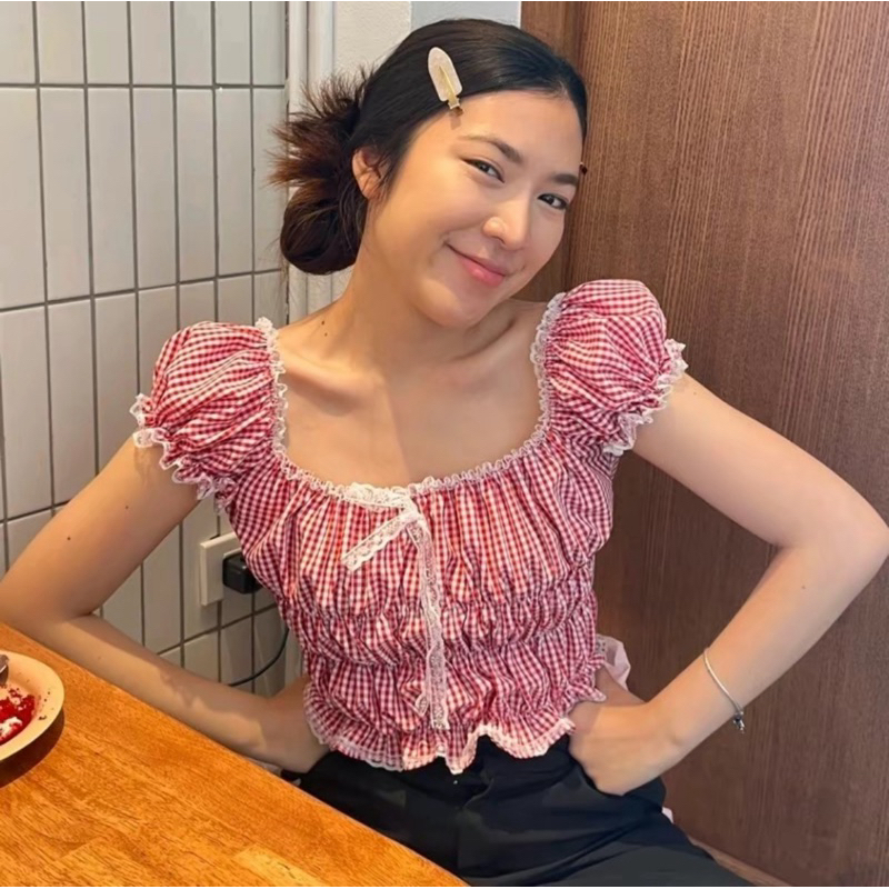 KF Flower เสื้อสก็อตแขนตุ๊กตา แต่งลูกไม้