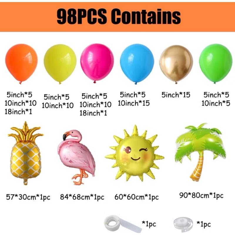 เซ็ตลูกโป่งธีมฮาวาย ลูกโป่งธีม Alohaลายใบไม้ ต้นมะพร้าว ผลไม้ ตกแต่งงานปาร์ตี้วันเกิด ฤดูร้อน 98 ชิ้น - รูปที่ 2
