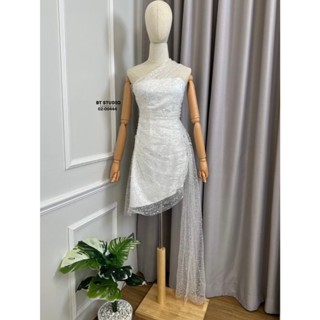 BT 02-00444  เดรสเกาะอกผ้าตาข่ายแต่งกริตเตอร์แน่น ๆ